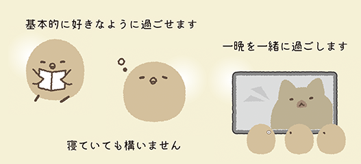 基本的に好きなように過ごせます。寝ていても構いません。一晩を一緒に過ごします。